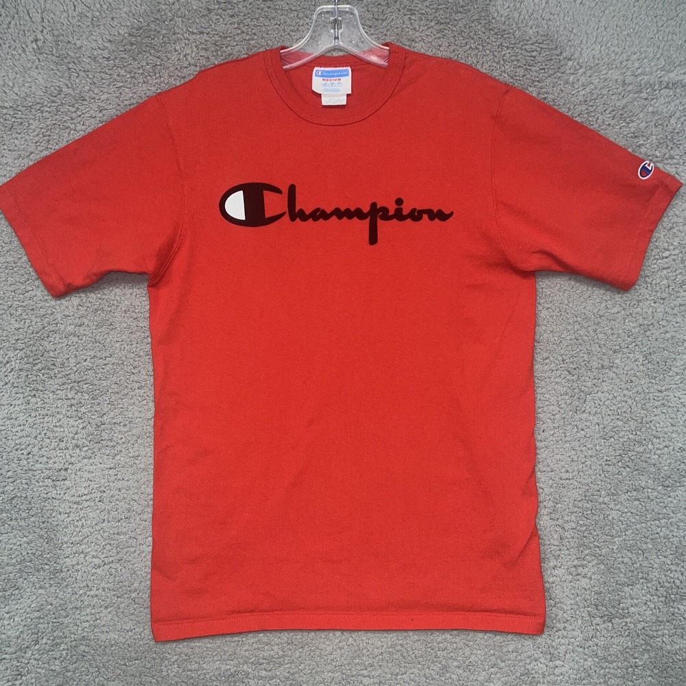 VTG Champion T Shirt Men's Sz M Red Embroidered Script Logo Heavy Tee 90s‎